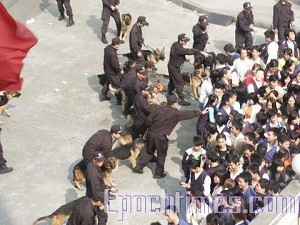 Thousands of workers in Dongguan City, Guangdong Province go on strike, while police arrive at the scene with dozens of canines to repress them. (The Epoch Times)