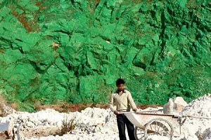 The hillside of Mt Laoshoushan is coated with green paint. Some of the villagers who inhaled paint fumes experienced symptoms of dizziness and shortness of breath. (Internet Photo)