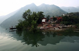 Houses at the Little Three Gorges, a scenic site on the Daning River near the Dachang Township in Wushan County of Chongqing Municipality, China. The old site of Dachang Township, which had a history of about 1,700 years, was totally submerged in 2006. (China Photos/Getty Images)