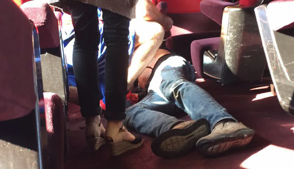 In this photo provided by Christina Cathleen Coons, a person lies on the floor after an incident on a high-speed train traveling from Amsterdam to Paris on Friday, Aug. 21, 2015. A gunman opened fire on the train wounding several people before American passengers subdued him, according to officials and one of the Americans involved. (Christina Cathleen Coon via AP)