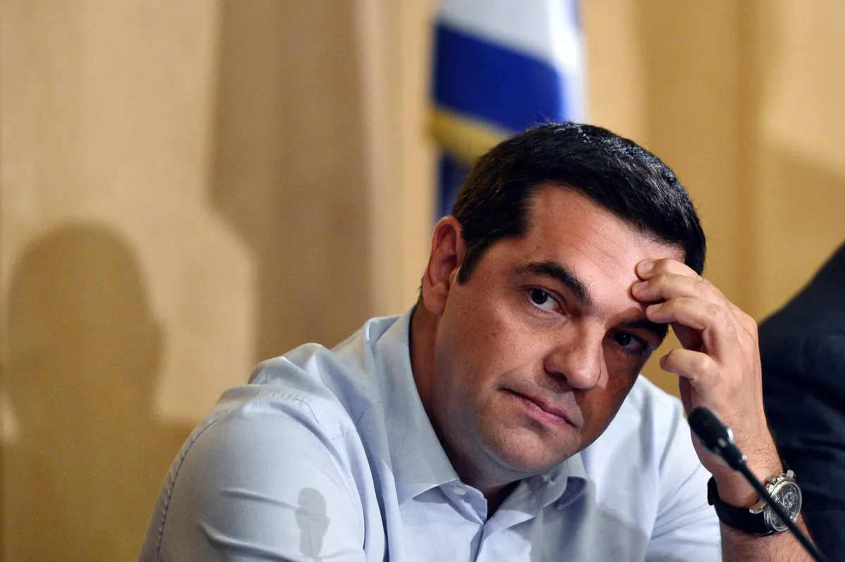 Greek PM Alexis Tsipras in a press conference at the Greek Ministry of Infrastructure, Transport, and Networks in Athens on Aug. 12, 2015. (Louisa Gouliamaki/AFP/Getty Images)
