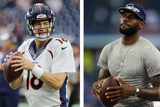 Peyton Manning #18 (L) of the Denver Broncos on August 22, 2015 in Houston, Texas. (Scott Halleran/Getty Images) and NBA player Lebron James of the Miami Heat on September 8, 2013 in Arlington, Texas. (Ronald Martinez/Getty Images)