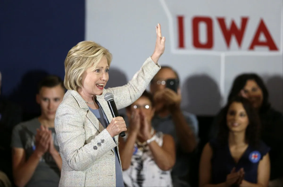 FILE - In this July 26, 2015, file photo, Democratic presidential candidate Hillary Rodham Clinton speaks at Iowa State University in Ames, Iowa. In her many visits to the leadoff caucus state, Clinton has included multiple remarks with regional references. The approach is a stylistic shift from Clinton’s failed 2008 presidential bid, which began poorly with a third-place finish in the Iowa caucuses. (AP Photo/Charlie Neibergall, File)