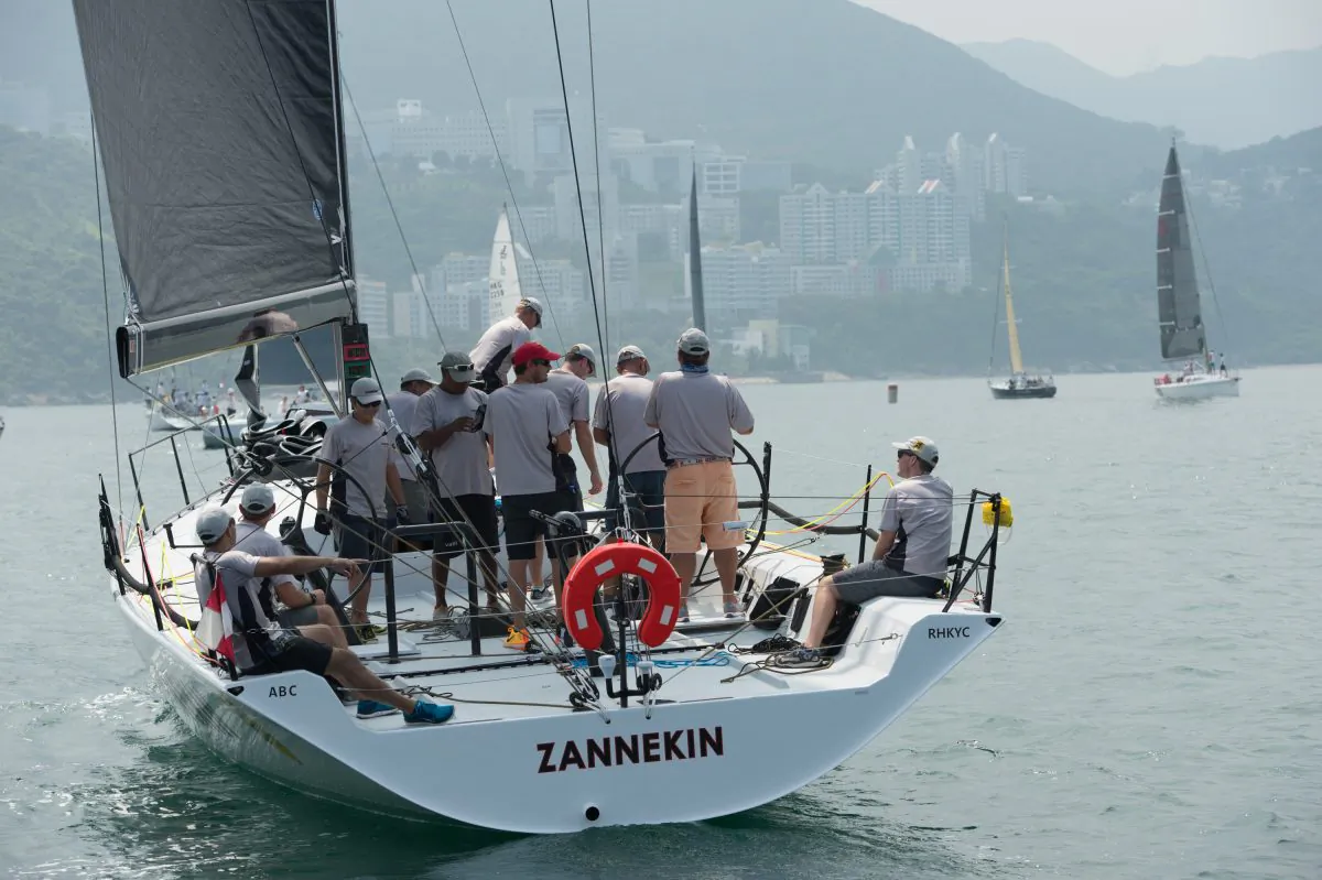 ‘Zannekin’ the IRC Division-A series winner, getting ready for the last race of the Quest Yachting Typhoon Series 2015 in Port Shelter on Saturday August 22, 2015. (Bill Cox/Epoch Times)