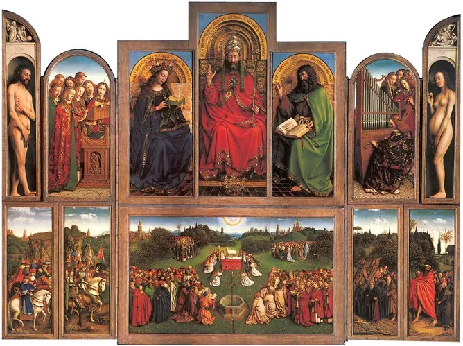 “Ghent Altarpiece,” 1432, Hubert and Jan van Eyck. Oil on wood, 11 feet, 5 inches by 15 feet, 1 inch. Saint Bavo’s Cathedral, Ghent, Belgium. (Public Domain)