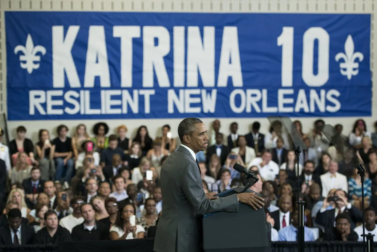 US President Barack Obama pauses while speaking about Hurricane Katrina at the Andrew P. Sanchez Community Center on August 27, 2015 in New Orleans, Louisiana. (Brendan Smialowski/AFP/Getty Images)