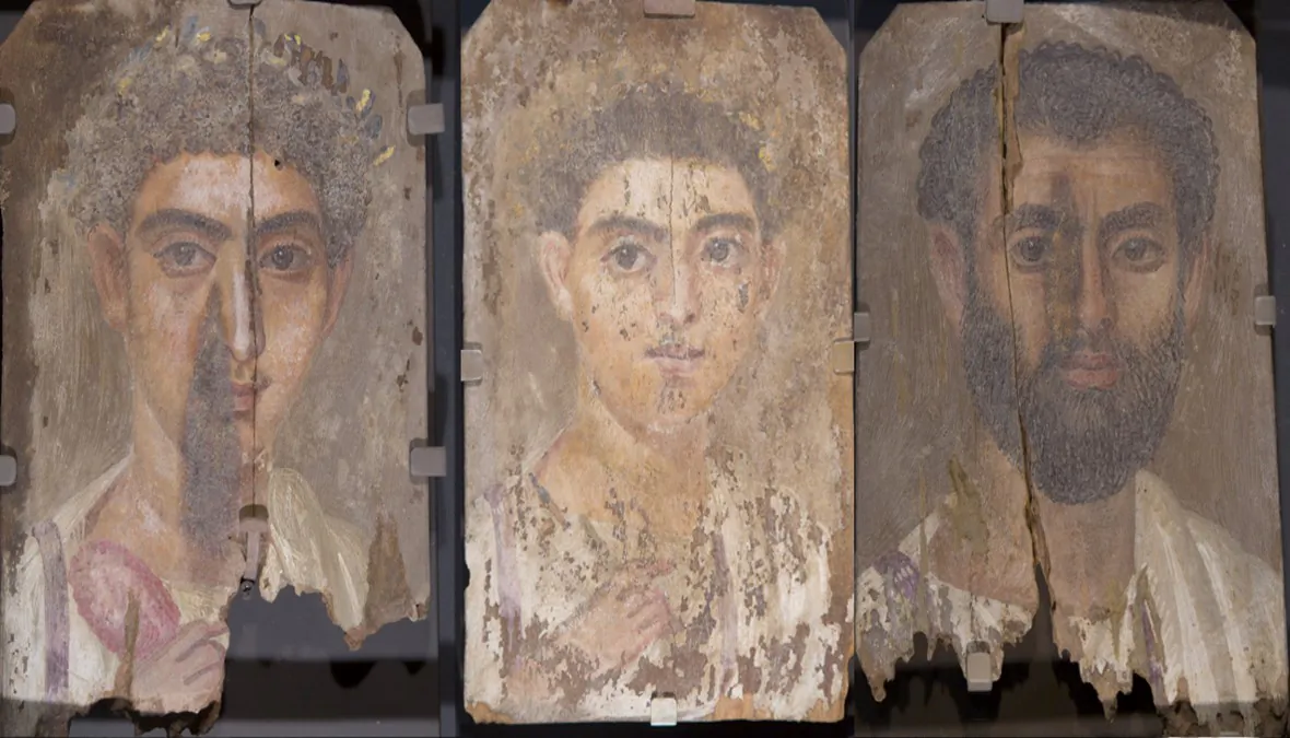 Above, Roman-era Egyptian mummy portraits from the site of Tebtunis, Egypt. Researchers found the synthetic pigment Egyptian blue in all three paintings. (Credit: Phoebe A. Hearst Museum of Anthropology, University of California, Berkeley)
