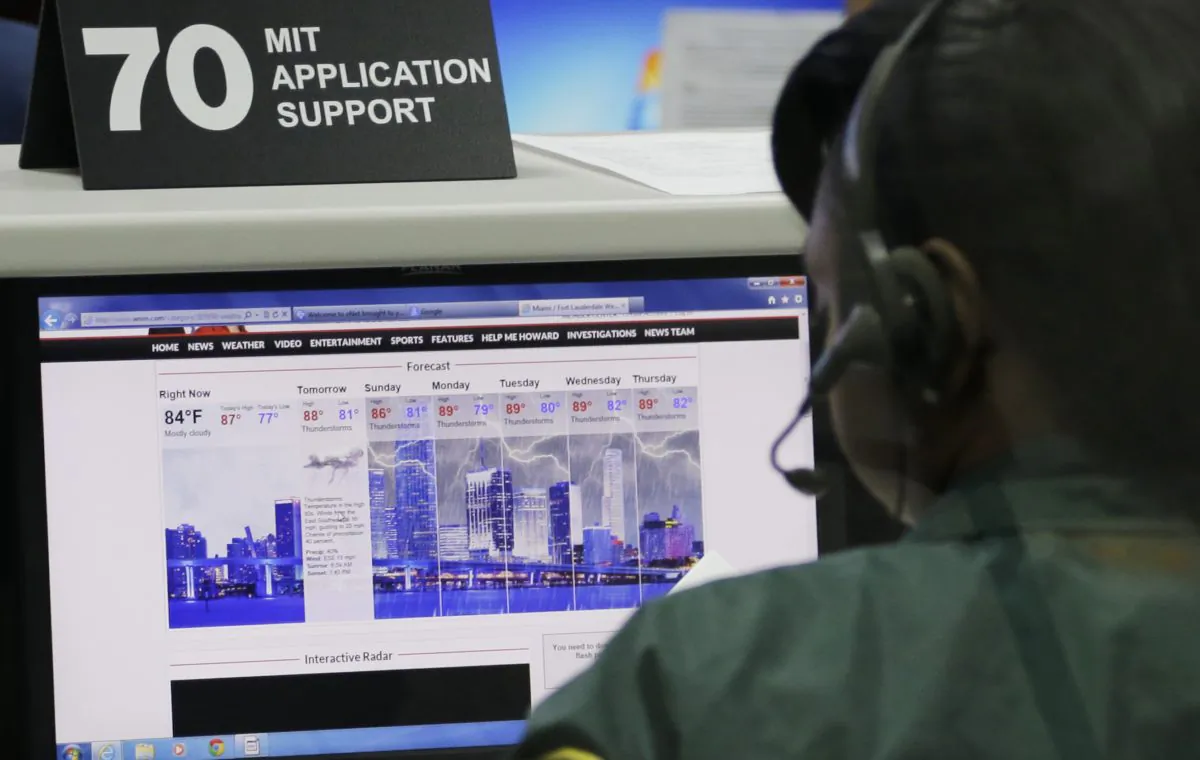 A Miami-Dade County worker keeps an eye on the weekly weather forecast for the Miami area at the Miami-Dade State Emergency Operations Center, Friday, Aug. 28, 2015, in Doral, Fla. (AP Photo/Alan Diaz)