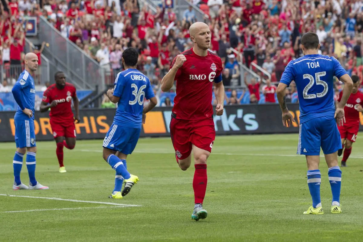 Toronto FC's Michael Bradley has a knack for scoring in 401 Derby games. His first-half goal helped TFC knock off the Montreal Impact on Aug. 29, 2015 at BMO Field in Toronto. (The Canadian Press/Chris Young)