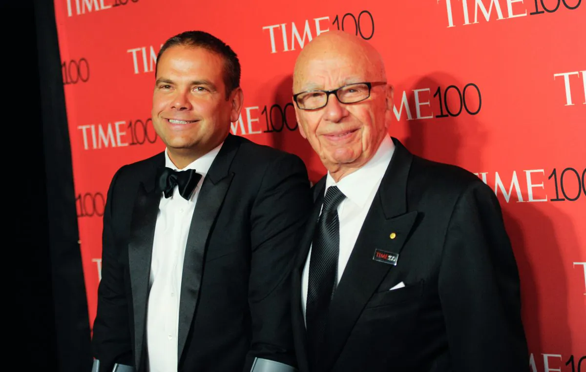 Lachlan Murdoch (L) and Rupert Murdoch (R) at the TIME 100 Gala, celebrating the 100 most influential people in the world, at the Frederick P. Rose Hall, Time Warner Center, in New York, on April 21, 2015. (Evan Agostini/Invision/AP)