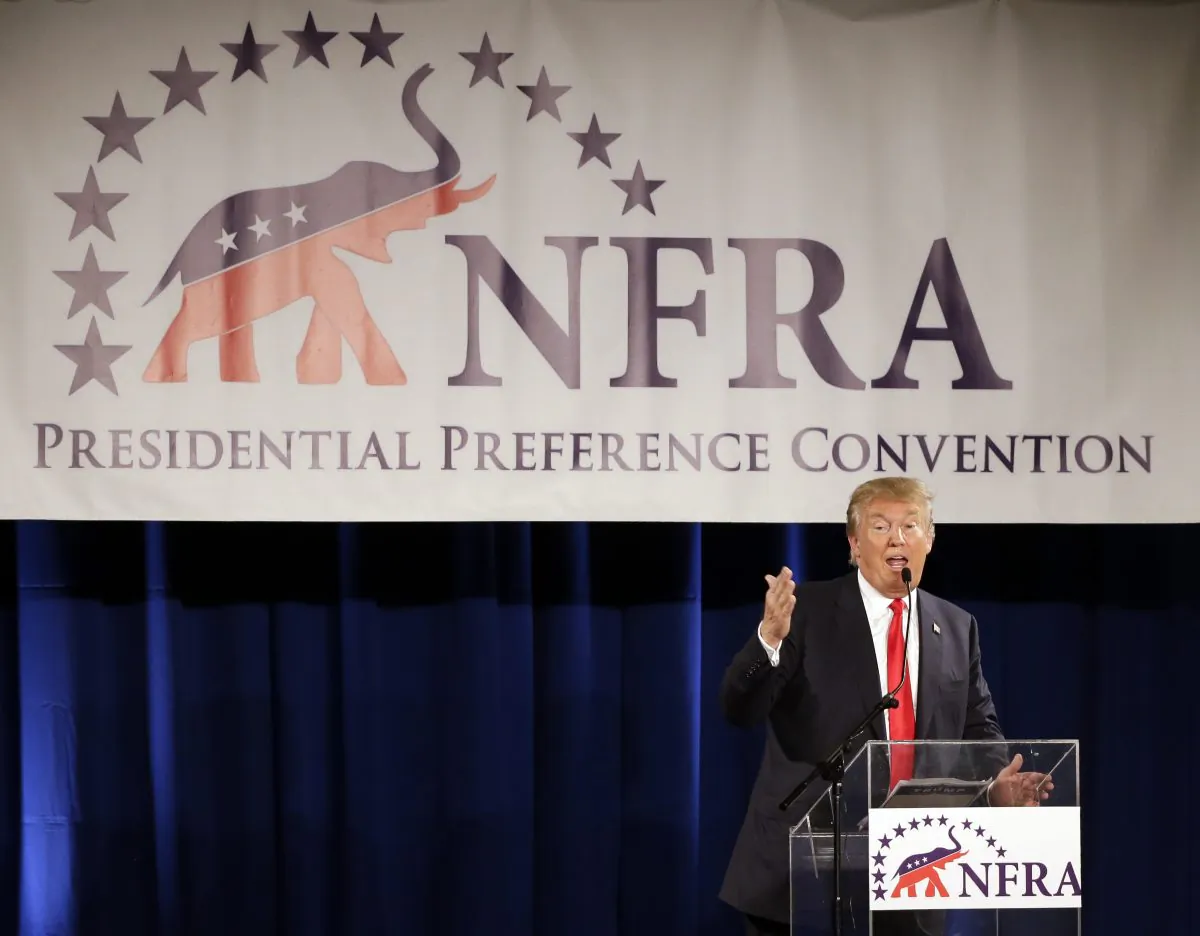 Republican presidential candidate Donald Trump speaks at the National Federation of Republican Assemblies on Saturday, Aug. 29, 2015, in Nashville, Tenn. Trump was courting tea party voters at the conference. (AP Photo/Mark Humphrey)