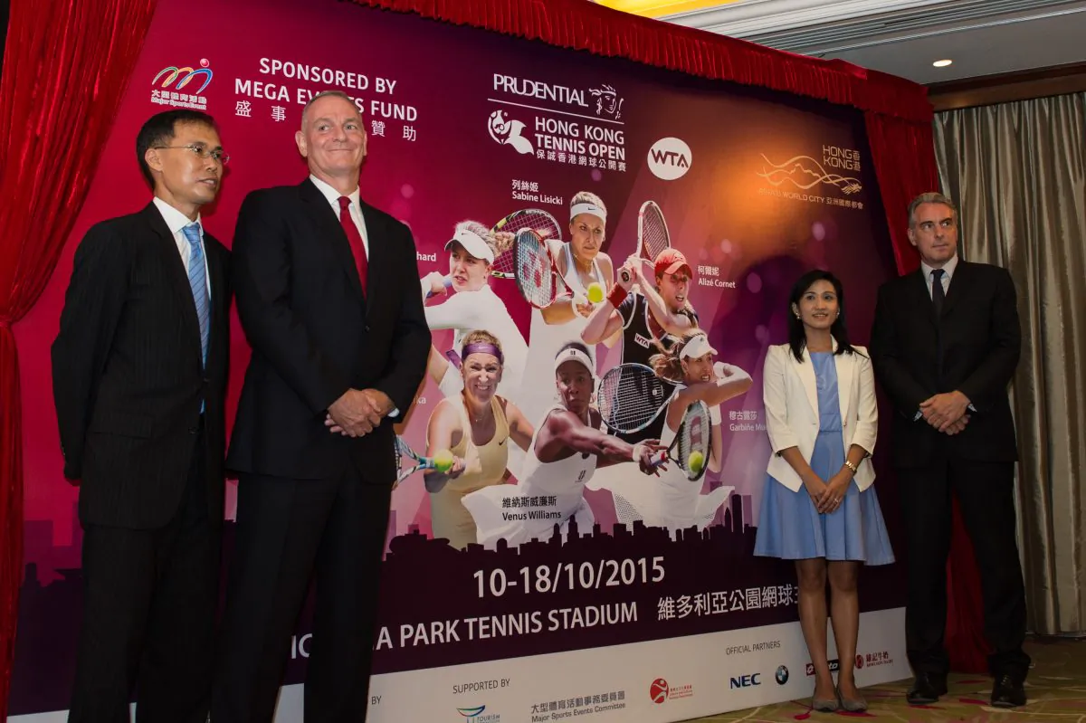 Top table guests at the Prudential Hong Kong Tennis Open press conference at the Excelsior Hotel on Monday August 31(L-R) Christopher Lai, CEO Hong Kong Tennis Association and Tournament Director the Hong Kong Tennis Open, 2015; Tony Wilkey, Chief Executive of Prudential Corporation Asia, Title Sponsors of the Hong Kong Tennis Open; Emily Mo, Secretary to the Mega Event Fund Assessment Committee and Assistant Commissioner for Tourism; and Jonathan McKinley, Deputy Secretary (recreation and Sport) of Home Affairs Bureau. (Bill Cox/Epoch Times)