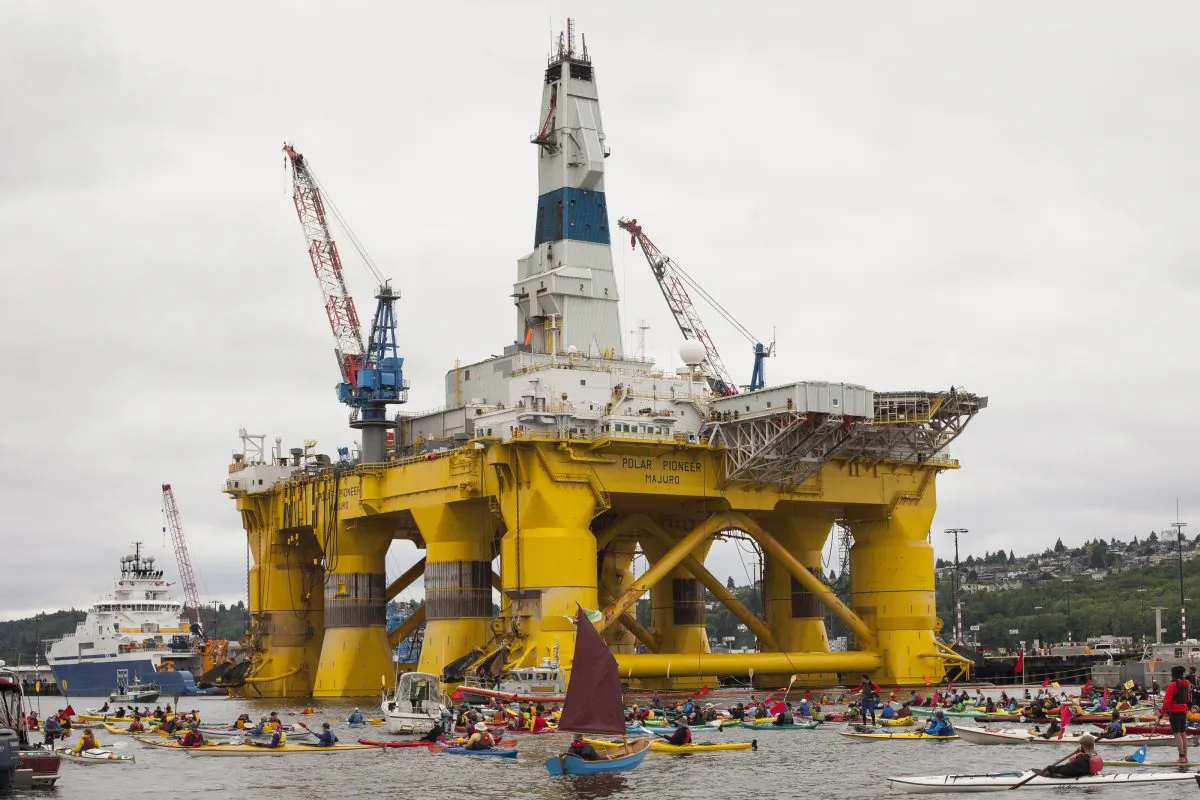 ShellNo flotilla participants float near the Polar Pioneer oil drilling rig during demonstrations against Royal Dutch Shell  in Seattle on May 16, 2015. (David Ryder/Getty Images)
