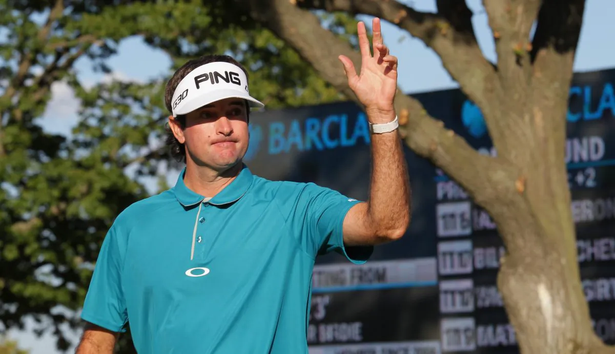 Bubba Watson reacts to his birdie putt on the18th hole during the second round of The Barclays at Plainfield Country Club on August 28 in Edison, New Jersey. (Hunter Martin/Getty Images) 