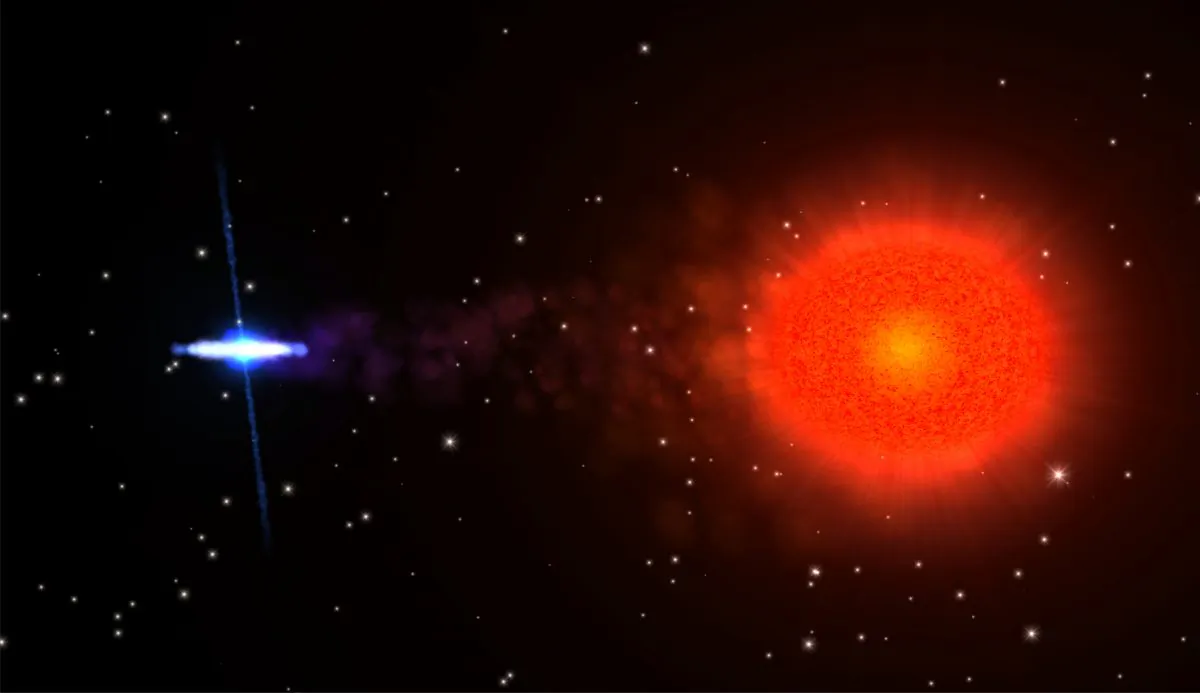 NASA artists' interpretation of the neutron star Swift J1749.4-2807 (L) with it’s companion star (R). (NASA/Goddard Space Flight Center)