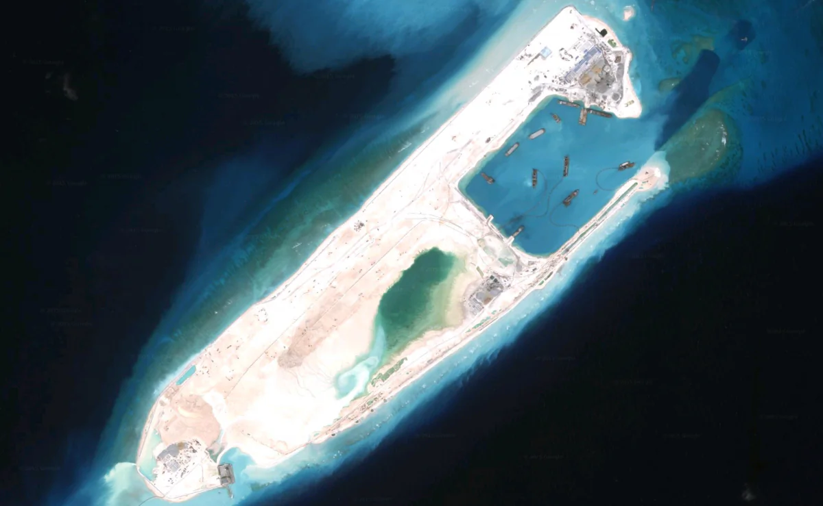 This September 2015 image shows the emergence of a large island at Fiery Cross Reef in the South China Sea’s Spratly Islands. (Screenshot via Google Maps)