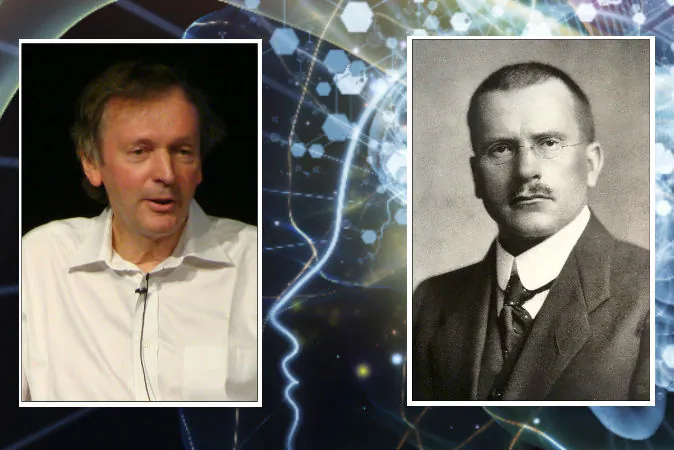 Left: Biologist Rupert Sheldrake, who has written extensively about the "extended mind." (Zereshk/CC BY) Right: Psychiatrist Carl Jung, who coined the term "synchronicity." (Public Domain) Background: (AGS Andrew/iStock)