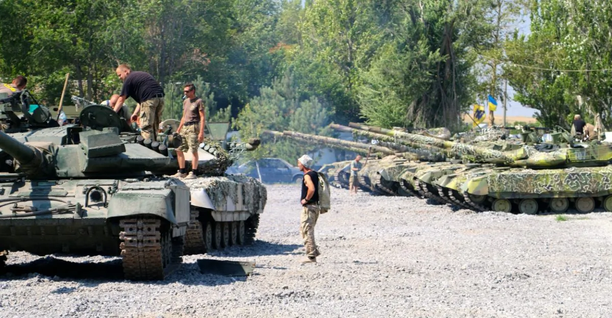 The Azov Battalion operates about a dozen T-64 tanks at its base in Urzuf outside Mariupol. (Nolan Peterson/The Daily Signal)
