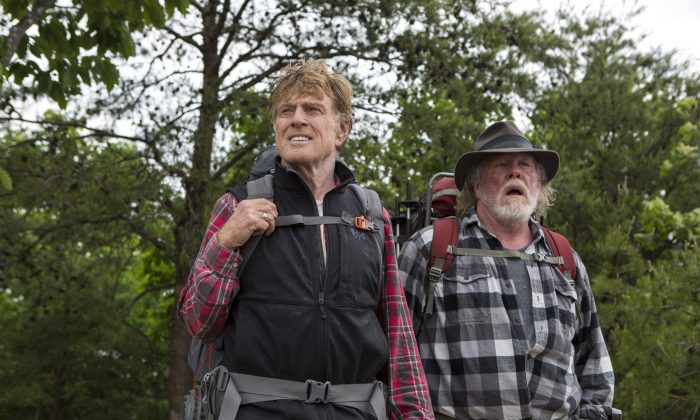 This photo provided by Broad Green Pictures shows, Robert Redford, left, as Bill Bryson, and Nick Nolte as Stephen Katz, in the film, "A Walk in the Woods."  (Frank Masi, SMPSP/Broad Green Pictures via AP)
