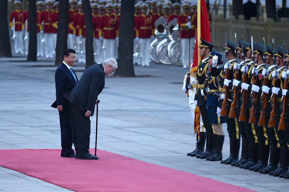 Czech President Milos Zeman (R) and Chinese regime's leader Xi Jinping (L) in front of Chinese honor guards during a welcome ceremony outside the Great Hall of the People in Beijing on October 27, 2014. (Wang Zhao/AFP/Getty Images)