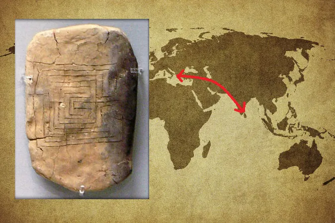 Left: A clay tablet from Pylos, Greece, inscribed with a labyrinth diagram, dating back to at least 1200 B.C. (Marsyas/CC BY-SA) Right: A world map with an arrow pointing roughly from Pylos, Greece, to southern India, where a labyrinth similar to the one on the Pylos tablet was found. (Javarman3/iStock)
