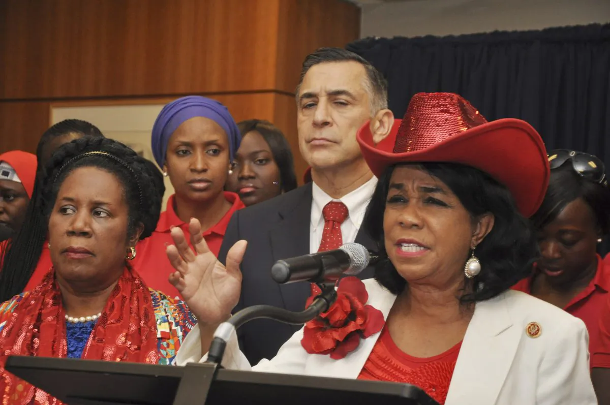 In this photo taken Tuesday, Aug. 4, 2015, U.S. congresswomen Frederica Wilson, left, Sheila Jackson Lee, at a press conference at the U.S embassy in Abuja Nigeria. (AP Photo/Olamikan Gbemiga)