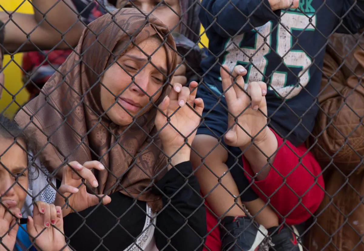 Migrants protest outside a train that they are refusing to leave for fear of being taken to a refugee camp from the train that has been held at Bicske station since yesterday on September 4, 2015 in Bicske, near Budapest, Hungary. (Matt Cardy/Getty Images)
