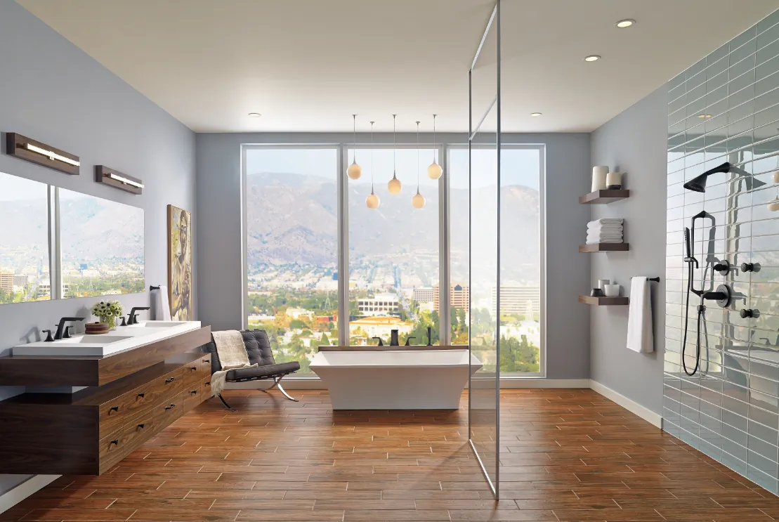 An open bathroom design with some of today’s hottest trends. (Brizo)