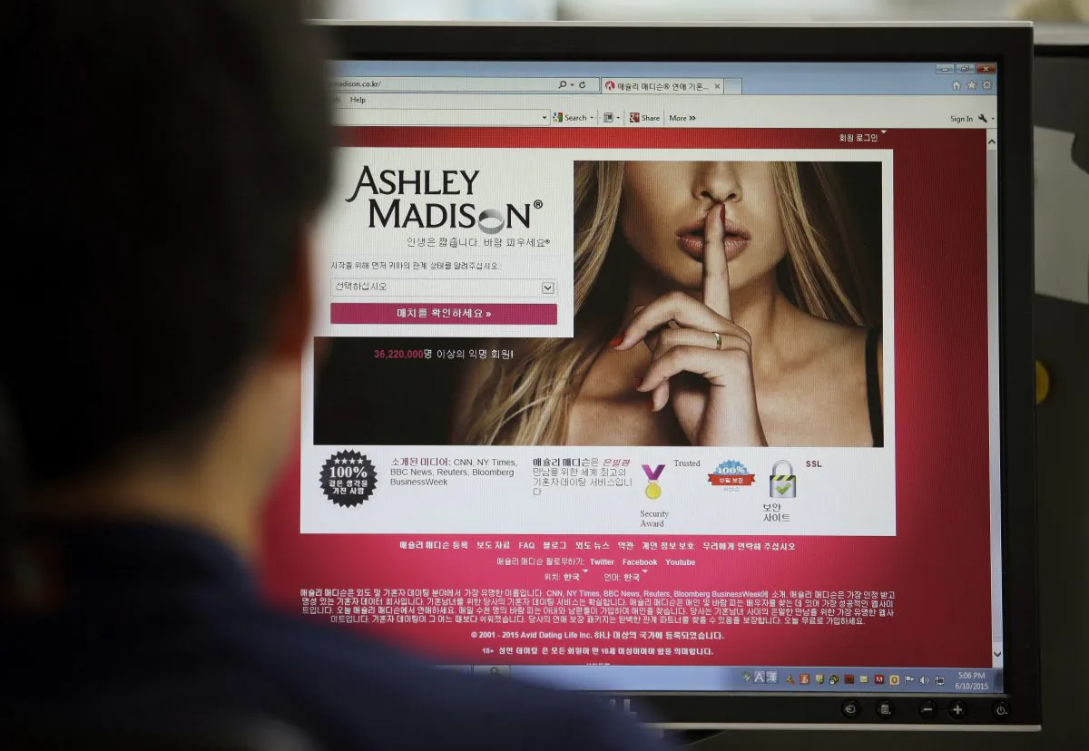 Ashley Madison's Korean web site on a computer screen in Seoul, South Korea on June 10, 2015. (AP Photo/Lee Jin-man)