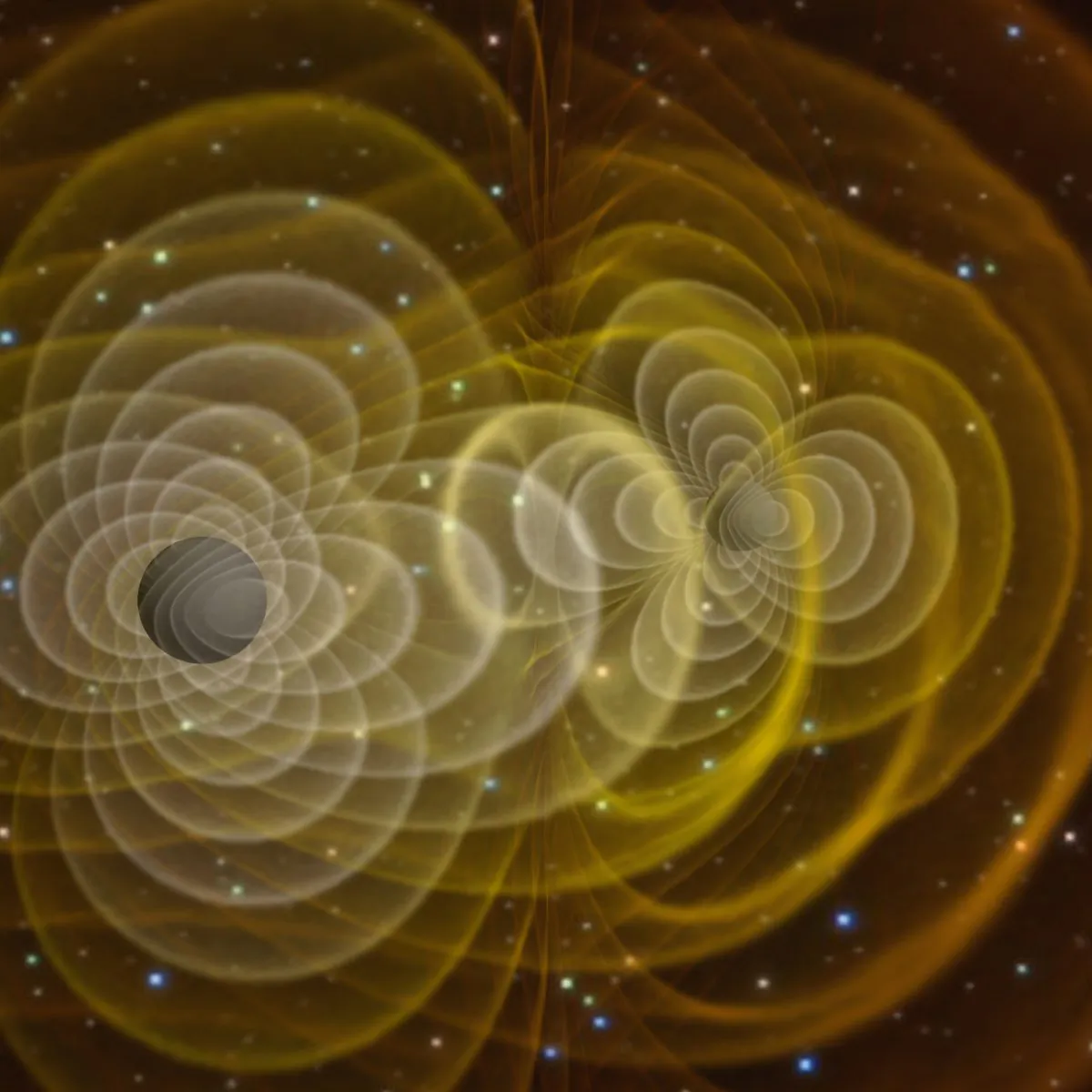 Elegant but elusive. Simulation of merging black holes showing gravitational waves. (Henze, NASA via Wikimedia Commons)