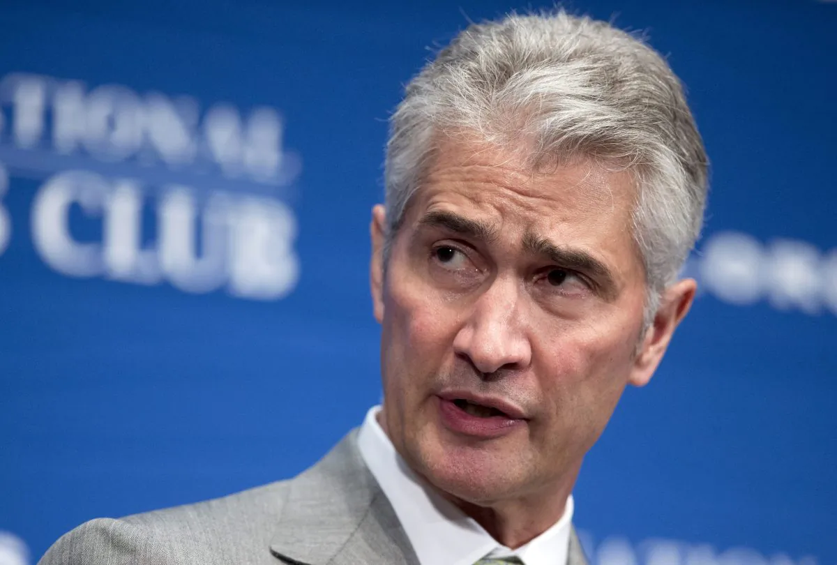 FILE - In this May 15, 2015, file photo, United Airlines Chairman, President and Chief Executive Officer Jeff Smisek, speaks during a panel discussion on unfair international competition at the National Press Club in Washington. United Airlines said Tuesday, Sept. 8, 2015, that Smisek has stepped down as CEO, chairman and president effective immediately and has named Oscar Munoz as president and chief executive officer.  (AP Photo/Manuel Balce Ceneta, File)