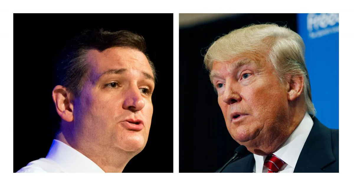 This two picture combo of file photos shows Republican presidential candidates, Sen. Ted Cruz, R-Texas, left, and Donald Trump.  (AP Photo)