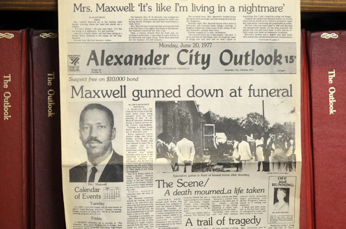 This photograph taken Thursday, Aug. 27, 2015, in Alexander City, Ala., shows the front page of the town newspaper following the slaying of Willie Maxwell in 1977. "To Kill a Mockingbird" author Harper Lee researched his slaying and a string of other killings, but no book was ever published. (AP Photo/Jay Reeves)