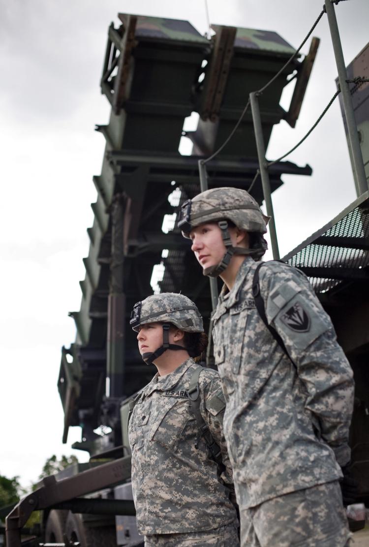 MISSILE SYSTEM: US soldiers stand in front of a missile battery at an army base in the northern Polish town of Morag. Polish and US officials unveiled on May 26 the first battery of U.S. surface-to-air Patriot-type missiles to be stationed on Polish soil. (Wojtek Radwanski/Getty Images) MISSILE SYSTEM: US soldiers stand in front of a missile battery at an army base in the northern Polish town of Morag. Polish and US officials unveiled on May 26 the first battery of U.S. surface-to-air Patriot-type missiles to be stationed on Polish soil. (Wojtek Radwanski/Getty Images)