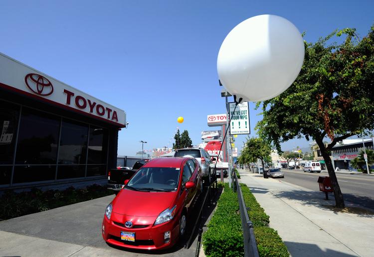 Toyota Prius hybrid cars are displayed at the Toyota of Hollywood dealership on August 4, 2010 in Hollywood, California.(Kevork Djansezian/Getty Images)