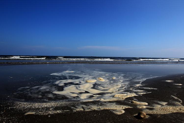 Pools of dispersed oil collect on a section of the public beach that was reopened yesterday for the first time in nearly 3 months August 10, in Grand Isle, Louisiana.   (Win McNamee/Getty Images)