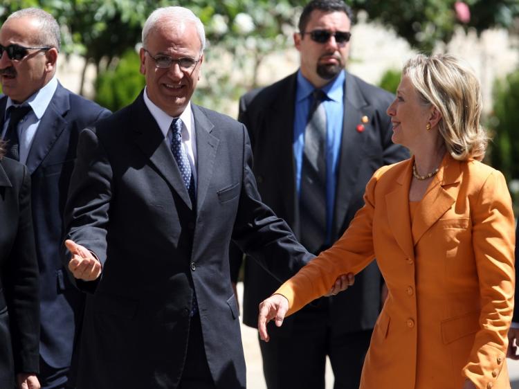 Palestinian peace negotiator Saeb Erakat welcomes US Secretary of State Hillary Clinton at the Palestinian Authority headquarter in the West Bank city of Ramallah on September 16, 2010. (Abbas Momani/AFP/Getty Images) Palestinian peace negotiator Saeb Erakat welcomes US Secretary of State Hillary Clinton at the Palestinian Authority headquarter in the West Bank city of Ramallah on September 16, 2010. (Abbas Momani/AFP/Getty Images)