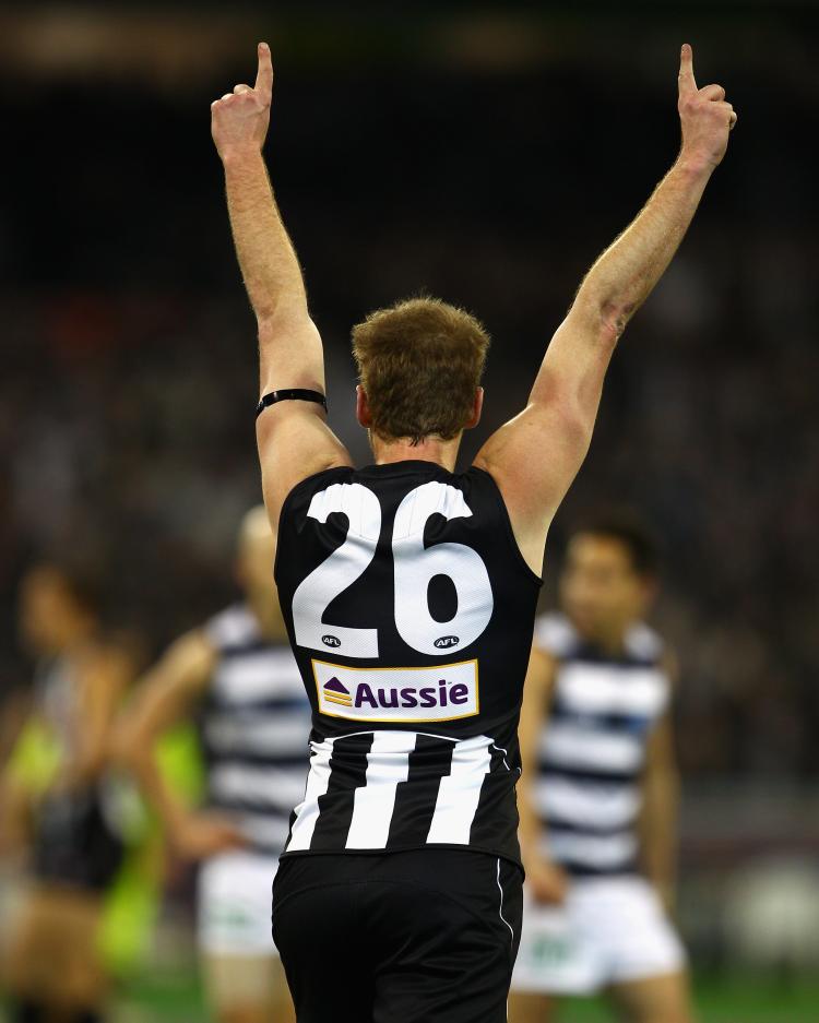 Ben Johnson of the Magpies celebrates kicking a goal during the First AFL Preliminary Final between the Collingwood Magpies and the Geelong Cats at Melbourne Cricket Ground on September 17 in Melbourne. (Mark Dadswell/Getty Images) Ben Johnson of the Magpies celebrates kicking a goal during the First AFL Preliminary Final between the Collingwood Magpies and the Geelong Cats at Melbourne Cricket Ground on September 17 in Melbourne. (Mark Dadswell/Getty Images)