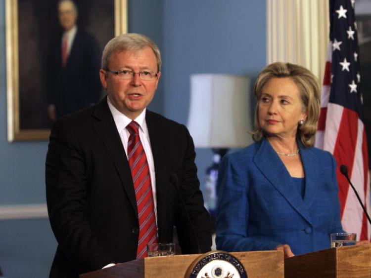 US Secretary of State Hillary Clinton and Australian Foreign Minister Kevin Rudd hold a news briefing after meeting at the State Department in Washington on Sept. 17, 2010. (Chris Kleponis/AFP/Getty Images) US Secretary of State Hillary Clinton and Australian Foreign Minister Kevin Rudd hold a news briefing after meeting at the State Department in Washington on Sept. 17, 2010. (Chris Kleponis/AFP/Getty Images)