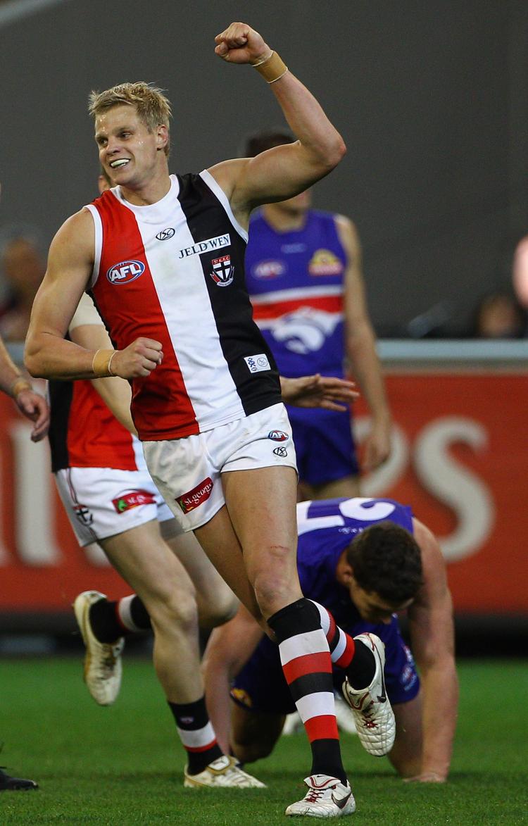 Nick Riewoldt of the Saints celebrates kicking a goal during the Seecond AFL Preliminary Final match between the St Kilda Saints and the Western Bulldogs at Melbourne Cricket Ground on Sept. 18 in Melbourne. (Quinn Rooney/Getty Images) Nick Riewoldt of the Saints celebrates kicking a goal during the Seecond AFL Preliminary Final match between the St Kilda Saints and the Western Bulldogs at Melbourne Cricket Ground on Sept. 18 in Melbourne. (Quinn Rooney/Getty Images)