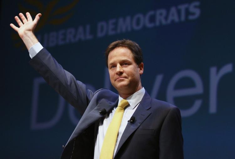 Deputy Prime Minister Nick Clegg, delivers a keynote speech at the first Liberal Democrat conference since the party formed a coalition government with the Conservative party in the ACC Liverpool conference centre on September 20, in England. (Jeff J Mitchell/Getty Images) Deputy Prime Minister Nick Clegg, delivers a keynote speech at the first Liberal Democrat conference since the party formed a coalition government with the Conservative party in the ACC Liverpool conference centre on September 20, in England. (Jeff J Mitchell/Getty Images)
