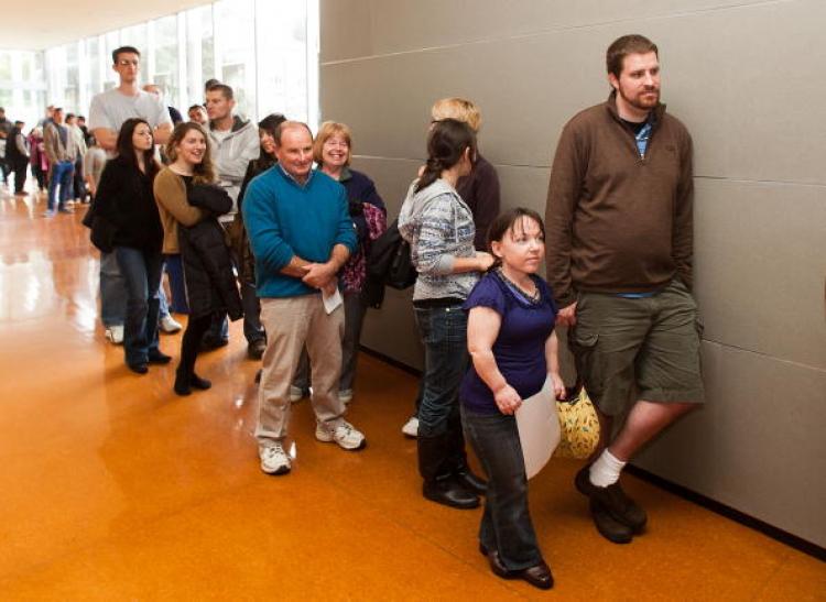 Aspiring film extras queue during an audition to be part of New Zealand filmmaker Peter Jackson's new Tolkein fantasy film 'The Hobbit' at the Te Whaea National Dance school in Wellington on Sept. 26. (Marty Melville/AFP/Getty Images) Aspiring film extras queue during an audition to be part of New Zealand filmmaker Peter Jackson's new Tolkein fantasy film 'The Hobbit' at the Te Whaea National Dance school in Wellington on Sept. 26. (Marty Melville/AFP/Getty Images)