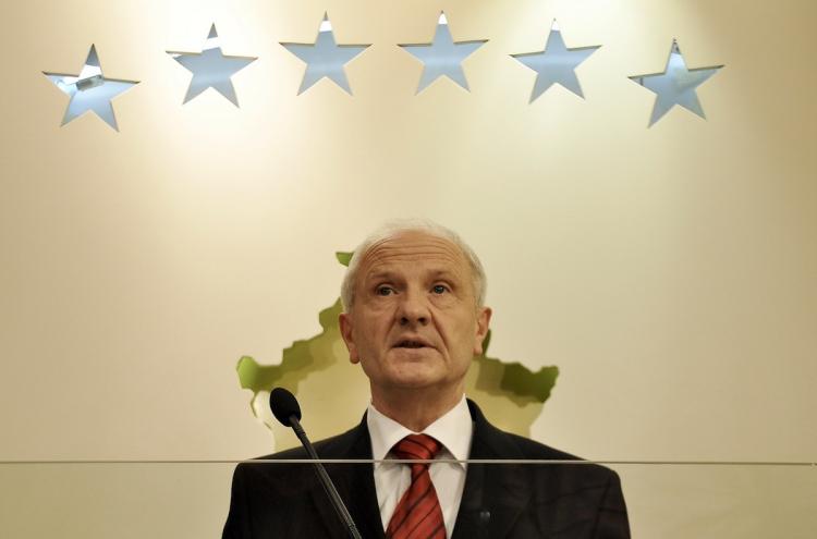 Kosovo President Fatmir Sejdiu announces his resignation during a press conference in Pristina on September 27. (Armend Nimani/Getty Images ) Kosovo President Fatmir Sejdiu announces his resignation during a press conference in Pristina on September 27. (Armend Nimani/Getty Images )
