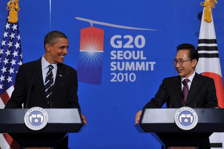 G-20 SUMMIT: U.S. President Barack Obama and South Korean President Lee Myung-bak attend a joint press conference after their summit meeting on Nov. 11 in Seoul, South Korea. (South Korean Presidential House via Getty Images) G-20 SUMMIT: U.S. President Barack Obama and South Korean President Lee Myung-bak attend a joint press conference after their summit meeting on Nov. 11 in Seoul, South Korea. (South Korean Presidential House via Getty Images)