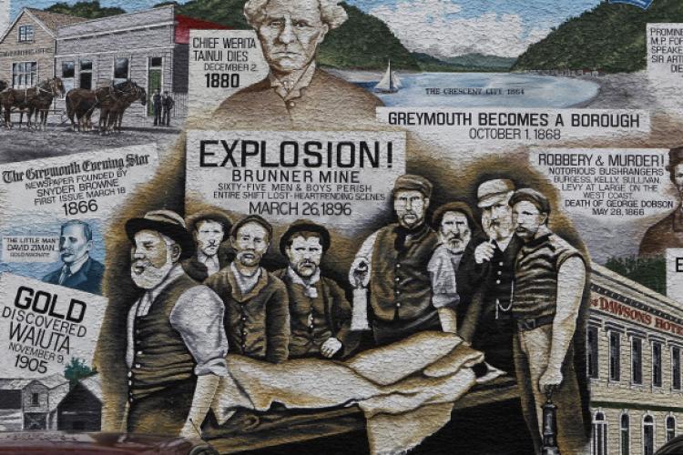 A painting showing the history of the Greymouth District on a building in the town on Nov. 25, in Greymouth, New Zealand. (Martin Hunter/Getty Images) A painting showing the history of the Greymouth District on a building in the town on Nov. 25, in Greymouth, New Zealand. (Martin Hunter/Getty Images)