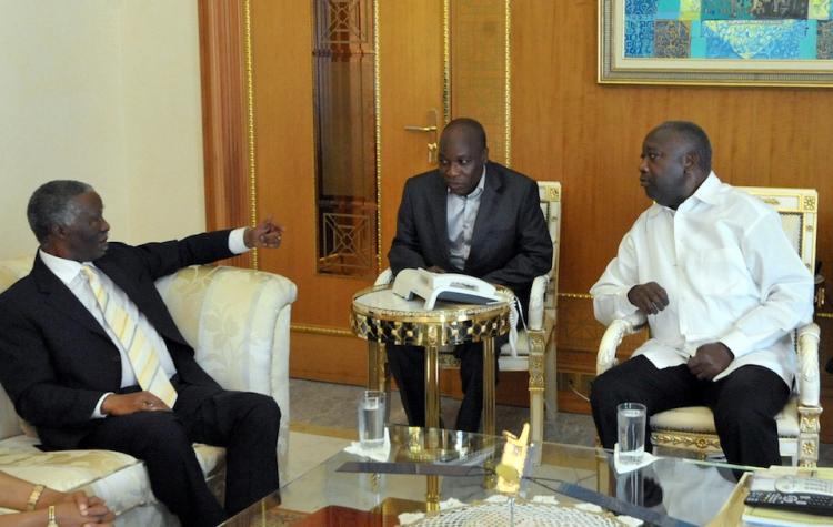 Former South African president Thabo Mbeki (L) meets with Ivory Coast incumbent Laurent Gbagbo (R) at the presidential residence in Abidjan on December 5. (Seyllou/Getty Images ) Former South African president Thabo Mbeki (L) meets with Ivory Coast incumbent Laurent Gbagbo (R) at the presidential residence in Abidjan on December 5. (Seyllou/Getty Images )
