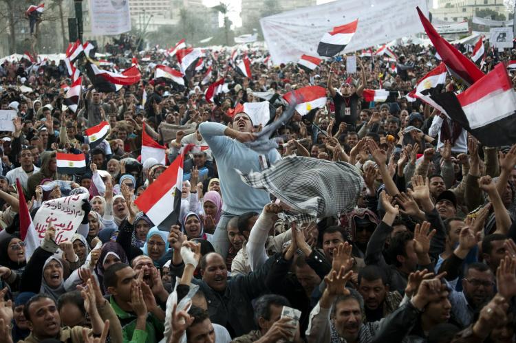 Egyptian anti-government demonstrators chant slogans as tens of thousands gather at Cairo's Tahrir Square on Feb. 10, 2011 amid rumors that embattled President Hosni Mubarak appeared to be on the brink of stepping down. (Pedro Ugarte/AFP/Getty Images) Egyptian anti-government demonstrators chant slogans as tens of thousands gather at Cairo's Tahrir Square on Feb. 10, 2011 amid rumors that embattled President Hosni Mubarak appeared to be on the brink of stepping down. (Pedro Ugarte/AFP/Getty Images)