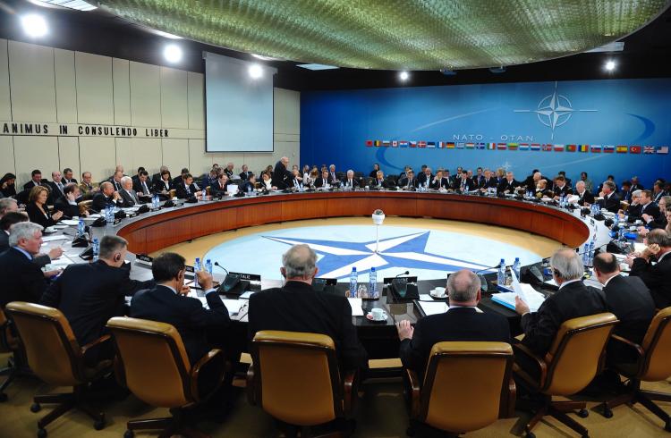 The NATO defence ministers meeting at the NATO headquarters in Brussels on March 10. NATO Secretary General Anders Fogh Rasmussen said on March 10 'time is of the essence' in the Libya crisis and the alliance stands ready to act if there is a clear mandat (Mandel NGAN/Getty Images)