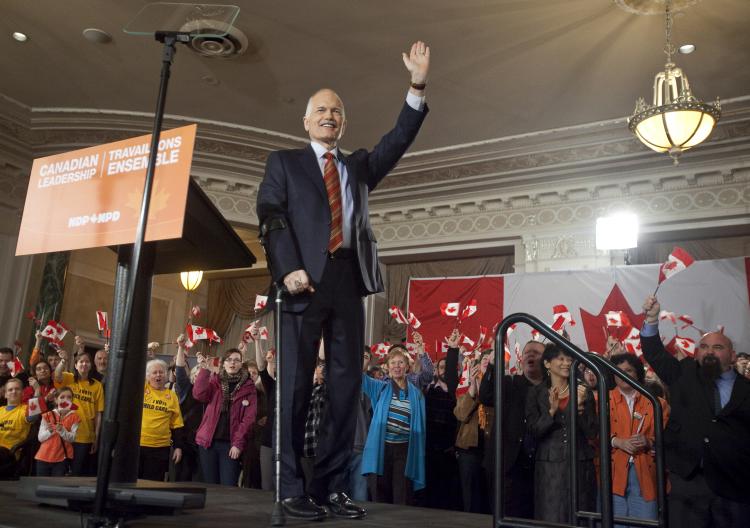 New Democratic Party leader Jack Layton waves during NDP's campaign kickoff event at the Chateau Laurier in Ottawa, Canada, on March 26. (Geoff Robins/AFP/Getty Images) New Democratic Party leader Jack Layton waves during NDP's campaign kickoff event at the Chateau Laurier in Ottawa, Canada, on March 26. (Geoff Robins/AFP/Getty Images)