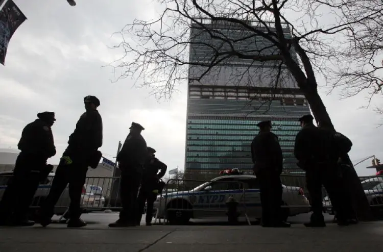 New York Police Department officers stand outside United Nations headquarters during a dirty bomb exercise on April 5, 2011, in New York City. (Mario Tama/Getty Images)
